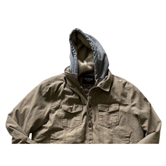 Guess Mens XXL Khaki Jacket Gray Hood Pockets Snap Close - Picture 2 of 7